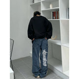 street clothing retro trend pocket jeans female letter star print high waist casual oversized straight pants