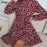 de mujer Elegant mini dress women spring New 5-colors women's stand collar leopard Green Ruffles dress Vestido