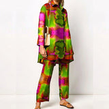 Turn Down Collar Blouse + Wide Leg Pants Outfits Women Autumn Long Sleeve Tee Suit Elegant Floral Printed Two Piece