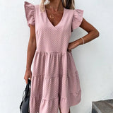 Women New Summer Sundress Casual Ruffles Sleeves V-neck Dot Boho Party Vestidos Elegant Mini Dresses Fashion
