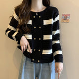 Zingj Autumn 2024 French Small Fragrant Wind Knit Cardigan Sweet Black And White Stripe Lazy Long Sleeve Jacket Women's Sweater-Outfit