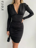 V Neck Bodycon Dress Party Brown Women Mini Sexy Long Sleeve 2021 Autumn Winter Black Dresses Elegant Green