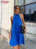 Sexy Halter Blue Satin Summer Dress Ladies Bodycon Sleeveless Backless Mini Dress Elegant Slim Party Dresses For Women