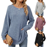 Zingj / Winter 2024 New Round Collar Pit Strip Solid Color Casual Long-Sleeved T-Shirt Top-Outfit