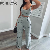 Women Star Print O-neck Crop Tank Top & Long Pants Set 2 Piece Casual