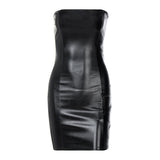 New Zipper Split Thigh Exposed Fashion Nightclub Sexy Strapless Slim Pu Leather Waistcoat Mini Tank Dress korean