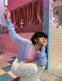 Korean Candy Colors Cashmere Mohair Cardigan Women Purple Crop Tops Autumn Deep V-neck Knitted Sweaters Fashion