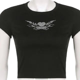Punk Aesthetics T-shirt Y2K Woman Clothes Streetwear Gothic Crop Tops Rhinestones Heart Print Black Top Women