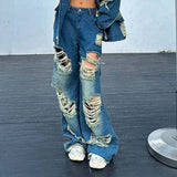 Fashion Jeans Spring 2025 New Versatile Broken Hole Design Sense Worn Straight Tube Long Wide Leg Pants