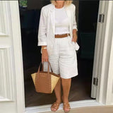 Women Solid Lapel Long Cardigan + Pockets Shorts Suits Elegant Ladies Loose Two Piece Sets New Casual OffcieCotton Linen