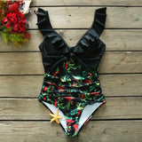 Sexy One Piece Swimsuit Female Swimwear Women Print Floral Bandage Shoulder Ruffle Brazilian Backless