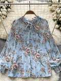 Korean Print Chiffon Shirt Bow Neck Long Sleeves Loose Leopard Top Casual Paisley Vintage Floral Blouse Spring