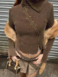 Grunge Knitted Crop Top y2k Full Sleeve Skinny Asymmetric Zip Up Vintage T Shirt Harajuku Retro Women Clothing Fall