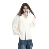 Autumn White Double Zipper Hooded Stingy Sweater Cardigan Soft Mashed Sweet Hot Girl