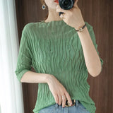 New Cotton T-shirt Women's Half Turtleneck Pleated Round Neck Knitted Short-sleeved Slim Fashion All-match Bottoming