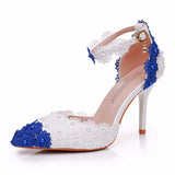 Cm Tling Blue And White Lace Flower Banquet Stage Sandals Fine Heel Sandals Women's Ball Cheongsam Pointed