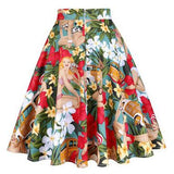 Women Midi Pleated Skirts Vintage 50s 60s Flower Printed Summer Ball Gown High Waist Audrey Hepburn Retro Swing Skater