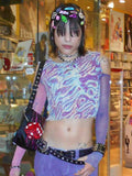 Y2K Fashion Cute Tie Dye Print Open Shoulder Crop Tops E-girl Aesthetics Harajuku O-neck Mesh Long Sleeve T-shirts