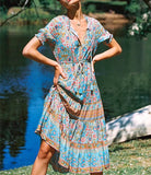 Queens Vintage Floral Print V-neck Short Sleeve Button Tassel Bohemian Maxi Dress Ladies Belt Rayon Cotton