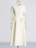 A-Word Long Dress 2025 Spring New Fashion Temperament Round-Neck Waist Thin Flowers Splicing Design Design Dress Dress