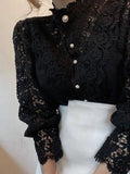 Chiffon Button Turtleneck Shirt Chic Elegant Floral Lace Fluffy Long Sleeve Top Fashion Hollow Oversize White Blouse 2024-Outfit