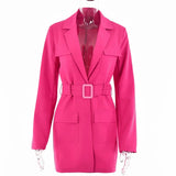 Spring Notched Collar Blazer Women Jacket Belt Slim Long Sleeve Pocket No Button Style Femenino Office Ladies
