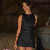 Solid Buttoned Sleeveless Mini Dress-Outfit