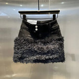 Faux Fur Trim Denim Mini Skirt- Outfit