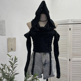 Real Shooting Doomsday Wasteland Wind To Make Old Worn Hooded Long-Sleeved T-Shirt Short High-Waisted Umbilly Top