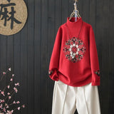 style retro literary pullover sweater for fall winter women's new high collar plus size base