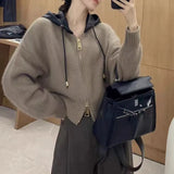 Zingj Goods Autumn Winter Contracted Design Sense Hooded Double Zipper Lazy Wind Knit Sweater Cardigan Coat Female