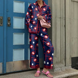 Print Long Sleeve Shirt Outfits Elegant Lapel Buttoned Blouse Long Pant Suits Women Loose Mid Waist Pants Two Piece