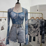 Quality Explosion Fang Lace Splicing Tie-Dye Mesh Long Sleeve Tight Babes With Chest Pads Short Top