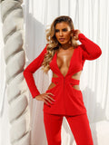 High-End Women's Waist V-Neck Sexy Long-Sleeved Suit Hollow Broad Leg Trousers Casual Trousers Two