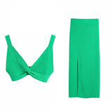 Green Knitted Ribbed 3 Pieces Women Sets Y2K Summer Holiday Single Button Loose Coat Sexy Underwear Bra High Waist