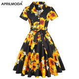 Sunflower A Line Vintage Women's Summer Sundresses 2021 Cotton Turn Down Collar Short Sleeve 1950s Floral Dress With