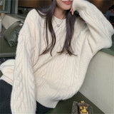 Zingj Blue Autumn Winter New Round Collar Thick Knit Jacket Korean Fashion Loose Lazy Wind Senior Sweater Woman-Outfit