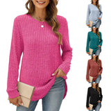 Zingj And Winter 2024 New Square Collar Pit Strip Solid Color Long-Sleeved Loose T-Shirt Top-Outfit