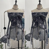 Small-Sized Old-Fashioned Green Shoulder Horn Sleeve Blouse Dye Net Yarn Lace Draw Rope Short T-Shirt