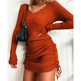 Knitted Sweater V Collar Long Sleeve Autumn And Winter Sexy Body Threaded Skirt Folding Drawstring