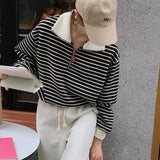 Lapel Sweater Women's Thin Autumn Coat Striped Long-Sleeved Shirt Minority Zipper Polo Shirt Trend In