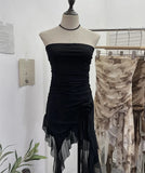 Solid Shot Tie Net Yarn Printing Irregular Ribbon Three-Dimensional Flowers Small Man With Chest Short Skirt Dress Dress