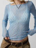 Women Lace Floral T-shirts Crop Tops Long Sleeve Slim Mesh Sheer See Through Tees Shirts Summer Party Streetwear