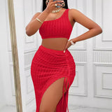 Women's Wear 2025 Summer Casual Solid Color Diagonal Collar Dress Slit