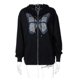 Y2K Fashion Oversized Butterfly Graphic Rhinestone Zip Up Hoodies E-girl 90s Streetwear Diamond Grey Long Jacket