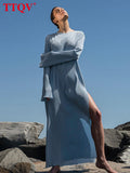 Fashion Pink Pleated Midi Dress Lady Autumn O-Neck Long Sleeve Bodycon Dress Elegant Slit Party Dresses For Women