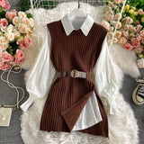 Zingj 2023 New Korean Version Of The Thin And Long Shirt With A Waist Knit Vest Two Sets Of Autumn And Winter Suit Women-Outfit