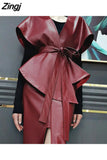 Spring Luxury Designer Faux Leather Jacket Women Sashes Red Wine Cape Shawls for Women Gothic Cloak Runway Fashion