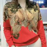 Winter Landscape Printing Diamonds Elegant Fashion Sweater Ladies 6XL Loose Casual All-match Pullover Top Knitting