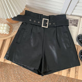New PU Leather Shorts Women Shorts All-match Sashes Wide Leg Short Ladies Sexy Leather Shorts Autumn